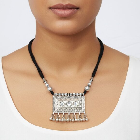 Set of 2 Handmade Ornate Silver Pendant Necklaces Yarn Cord Statement Jewelry - Picture 3 of 8